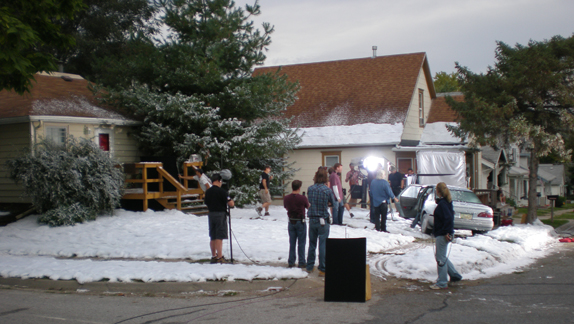 movie crew at work on a fake snow scene