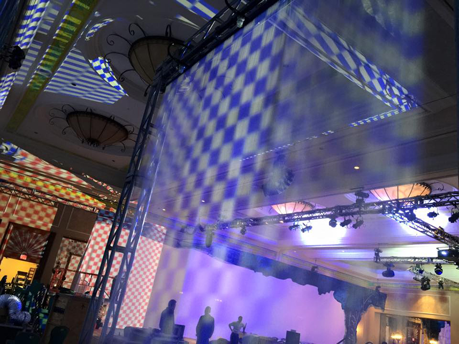 Tsunami Water Screen&trade; is a Water scrim, rain wall, video waterfall, water curtain, H2O screen, water curtain, projection screen.