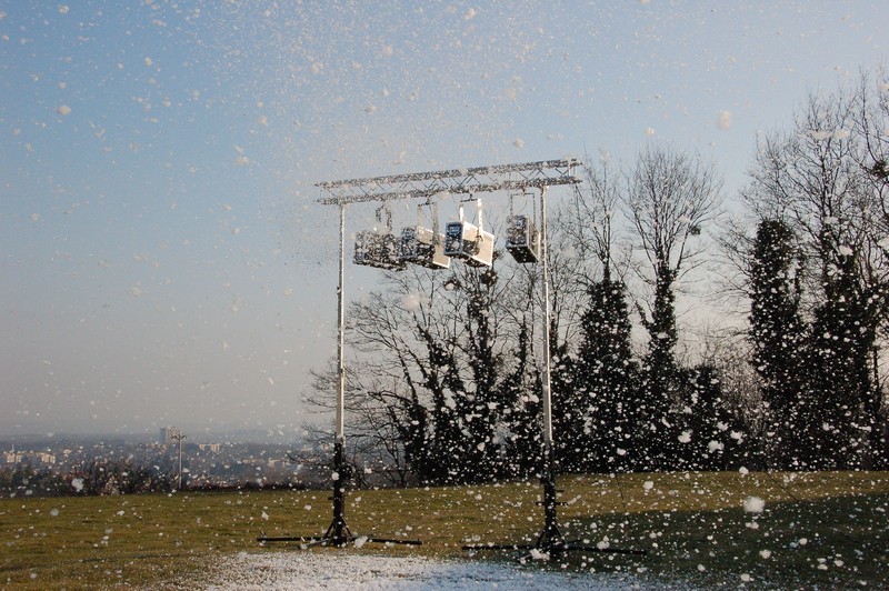 fake snow machines spraying snow